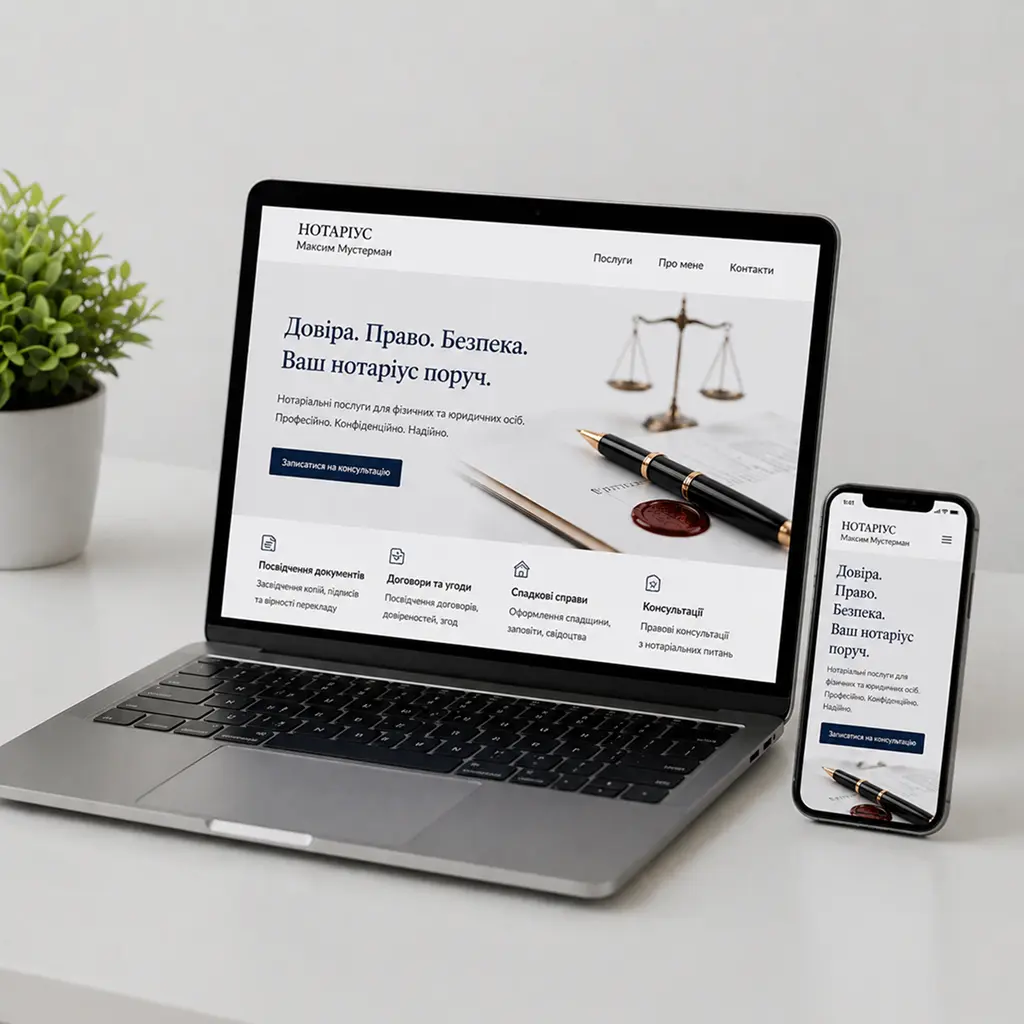 Responsive notary website design displayed on laptop and mobile — professional legal services web development and modern UI