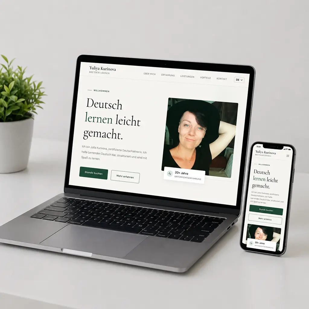 German language learning website on laptop and smartphone — online German courses platform with clean responsive design